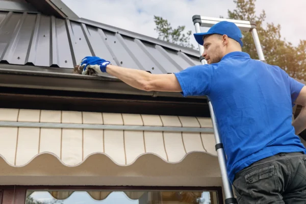 Gutter Repair Technician Resealing An Eavestrough Seam on a Windsor Ontario Home